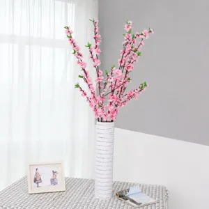 Artificial peach blossom branches 6 forks silk flowers for home living room floor vase decor