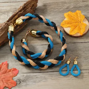 Boho geflochtenes Mesh Halskette Armband Ohrringe Set, blau schwarz gold Schmuck Set