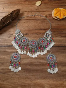 Vintage Boho Silber Münze Quaste Halskette Ohrringe Set Damen Mode Reise Schmuck