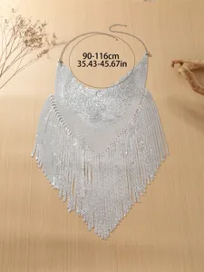 Silver metallic sequin tassel body chain adjustable waist belt belly dance hip scarf for women
