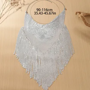Silver sequin fringe belly dance waist chain hip scarf for Halloween performance main view.