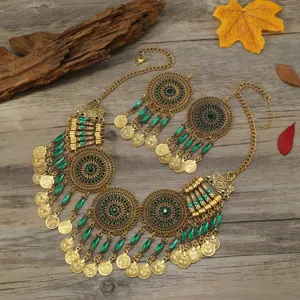 Boho Legierung Strass Münze Quaste Mehrlagige Halskette Ohrringe Set Vintage Galvanisiert Statement Schmuck Für Damen Reisen Party Geschenk