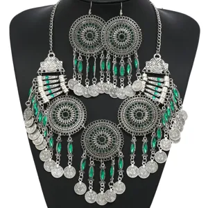 Vintage mehrschichtige Münze Quaste Halskette und Ohrringe Set bohemischer Mode Schmuck