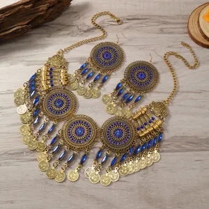 Vintage goldfarbene Münzen Quasten Halskette und Ohrringe Set für Damen Schmuck
