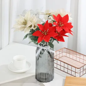 Bouquet di Poinsettia di Natale artificiale Fiori finti con vaso in vetro decoro