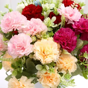 Detailed close-up of colorful artificial carnation bouquet, perfect for home wedding decor.