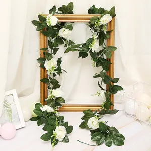 Artificial white rose vine garland fake floral plant for home wedding party wall decoration.