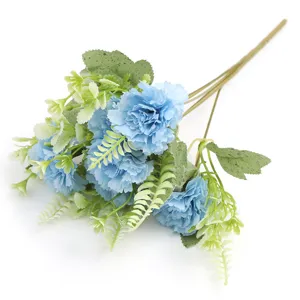 Artificial blue carnation bouquet 6-head silk flowers for wedding home party floral decor