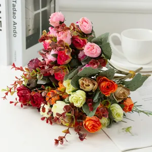 Artificial rose bouquet silk flowers for wedding home decor, multi-color decorative floral arrangement.