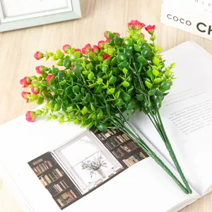 Artificial eucalyptus flower bouquet with small red buds for floral arrangements and decor.