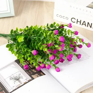 Artificial eucalyptus fake flowers purple rose buds bouquet home decor plant