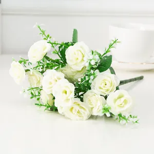Bouquet de Fleurs de Rose en Soie Artificielle 15 Têtes Bords Roulés Fausses Roses Pour Fête de Mariage Décoration de Table à Manger