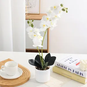 Détail en gros plan d'une orchidée blanche artificielle en pot pour décor d'intérieur.