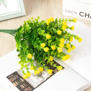 Artificial eucalyptus flower bouquet with small yellow rose buds for indoor home decor.