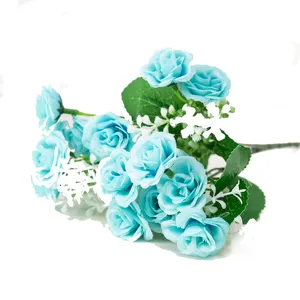 Bouquet de roses bleu clair artificiel 15 têtes fleurs en soie pour mariage et déco