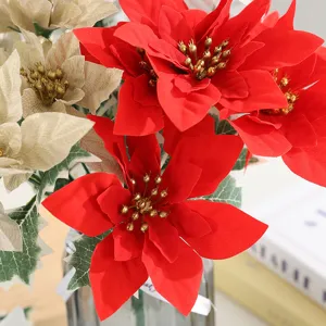 Bouquet di poinsettia di Natale artificiali fiori di seta rosso oro decorazioni casa oggetti di scena