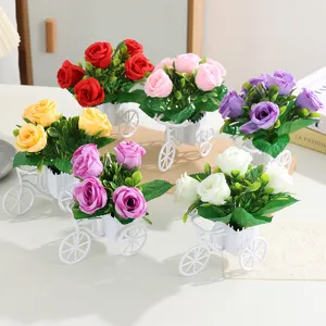 Artificial rose flower bicycle cart potted plant home decor indoor plastic flower ornament