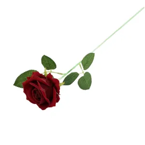 Single branch artificial velvet rose flower in dark red with green leaves and stem main view.