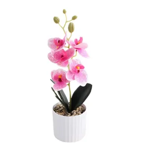 Artificial Phalaenopsis Orchid Bonsai with White Pot and Pebbles Indoor Tabletop Decor