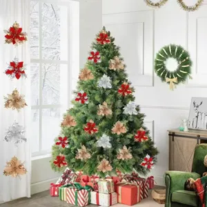 Christmas artificial poinsettia flower decorations for holiday tree ornaments and home decor.