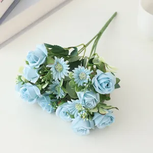 Artificial blue rose and daisy bouquet detail shot, perfect for home decor and floral arrangement.