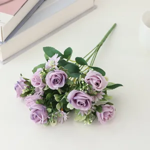 Artificial purple rose bouquet silk flowers for home decor wedding party floral arrangement