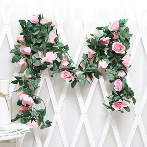 Artificial pink rose flower vine garland for wedding party and hotel decor 16 heads.
