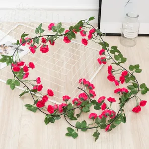 Artificial rose flower vine silk red roses green leaves for wedding arch home decor