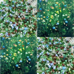 Close-up details of mixed color glass seed beads and bugle beads for DIY handmade jewelry.