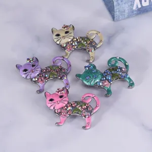 Vintage Alloy Enamel Cat Brooch Rhinestone Flower Kitten Pin Badge For Commute Daily Banquet Unisex Costume Decorative Jewelry Gift