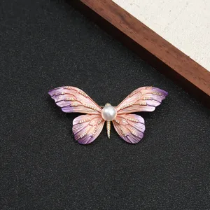 Elegante rosafarbene violette Schmetterling Brosche Vintage Emaillierte Perle Strass Nadel.