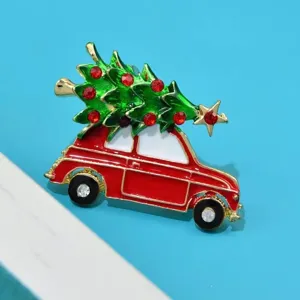 Christmas tree car brooch, alloy enamel rhinestone fashion pin for holiday party gifts.