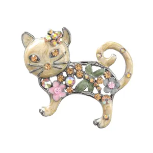 Vintage rhinestone enamel cat brooch with flowers cute crystal animal pin for women gift
