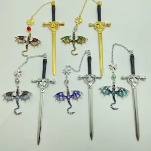 Retro Alloy Sword Weapon Design Metal Bookmark With Winged Dragon Pendant Rhinestone Inlaid Star Charm Student Reading Book Accessories Gift