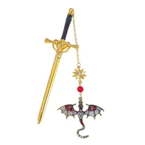 Metal sword bookmark with double winged dragon pendant fantasy reading gift for students