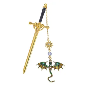 Exquisite metal sword bookmark with double winged dragon pendant fantasy gift for students