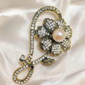 Luxury Zinc Alloy Rhinestone Rose Flower Brooch For Women Vintage Elegant Artificial Pearl Coat Suit Lapel Pin Brooches Jewelry Gift