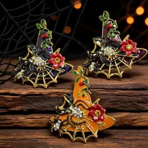 Broche chapeau de sorcière en strass rétro, épingle métal araignée Halloween avec cristaux.