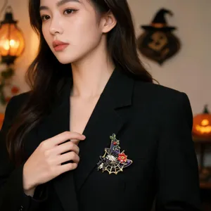 Broche chapeau de sorcière strass rétro Halloween araignée bijoux vintage en métal mode