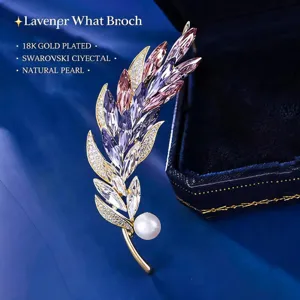 Elegante Weizen Feder Brosche mit lila Kristallen und Perle, 18K vergoldeter Mehrzweckschmuck