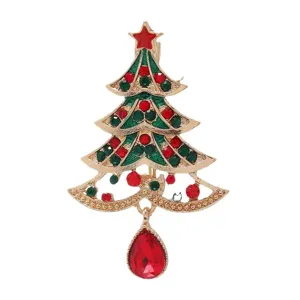 Christmas tree metal brooch with green enamel red green rhinestones and crystal drop pendant