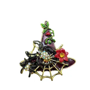 Broche Chapeau de Sorcière Strass Vintage Halloween Araignée Fleur Métal Bijou