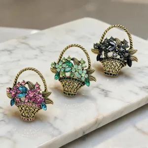 Vintage Alloy Rhinestone Flower Basket Brooch Elegant Floral Enamel Pin Fashion Jewelry Clothing Accessory For Women