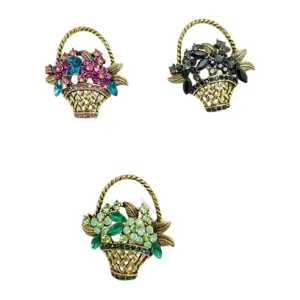 Vintage flower basket brooch featuring exquisite sparkling rhinestones for women fashion wear.