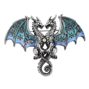 Nahaufnahme Detail der Vintage Doppeldrachen Brosche mit blauen Emailleflügeln.