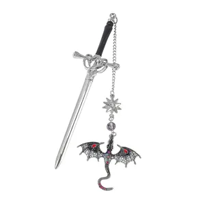Metal sword bookmark with dragon pendant, gothic fantasy reading gift and stationery item.