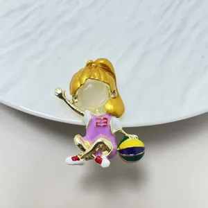 Cute Cartoon Basketball Girl Alloy Enamel Brooch Pin For Suit Sweater Anti-Exposure Gold Purple Badge Jewelry Ornament Gift Women Men