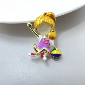 Cartoon basketball girl metal enamel brooch pin, cute sports clothing accessory jewelry.