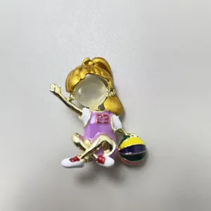 Cute sports girl brooch detail, enameled metal pin accessory, sweater and suit decoration.