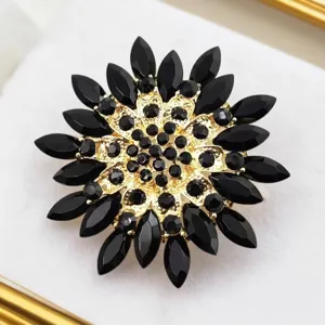Elegant black crystal flower brooch, gold-plated vintage lapel pin for women's suit.